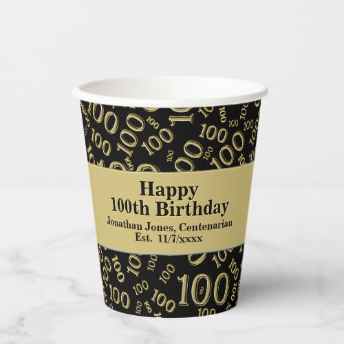 100th Birthday BlackGold Random Number Pattern  Paper Cups