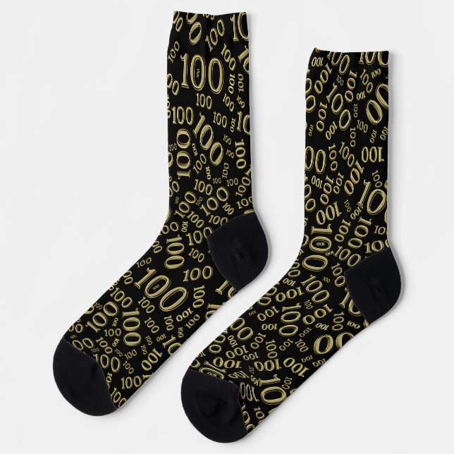 100th Birthday Black/Gold Random Number Pattern Socks (Left)