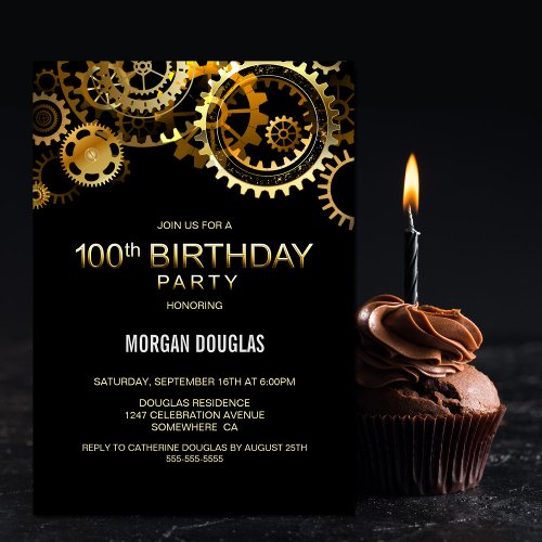 100th Birthday Black Gold Steampunk Watch Gears Invitation
