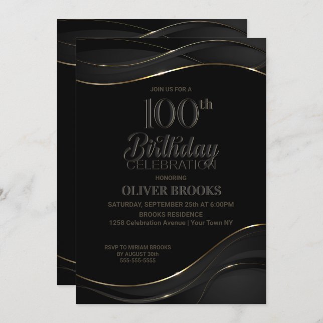 100th Birthday Black Grey Party Invitation (Front/Back)