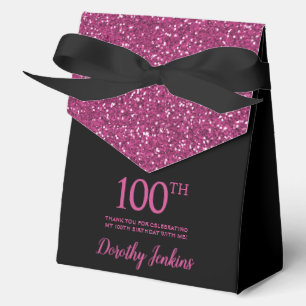 100th Birthday Black Hot Pink Glitter Thank You Favor Boxes