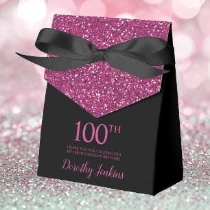 100th Birthday Black Hot Pink Glitter Thank You Favor Boxes