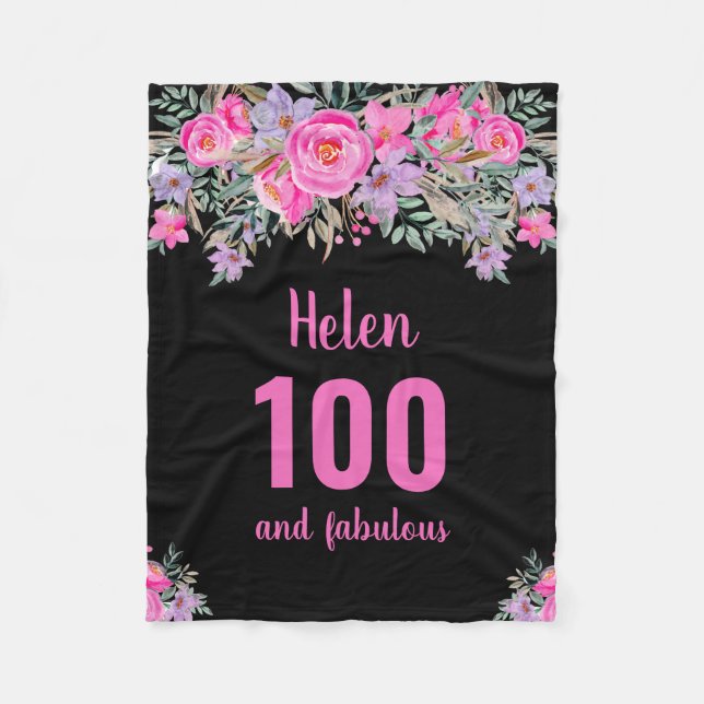 100th birthday black pink floral fleece blanket (Front)