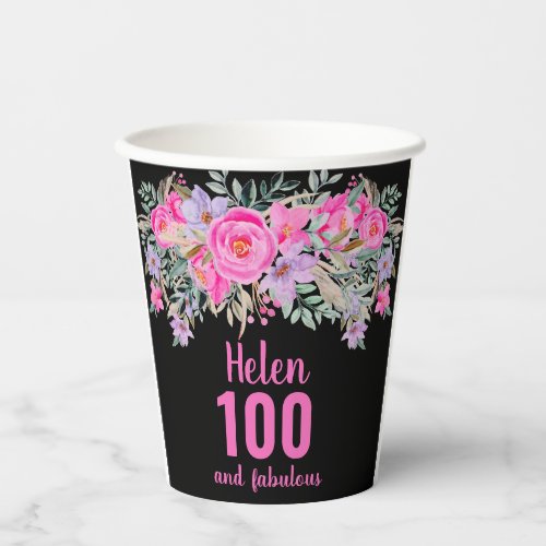 100th birthday black pink floral paper cups