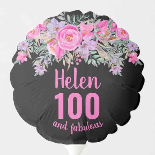 100th birthday black pink floral script name balloon