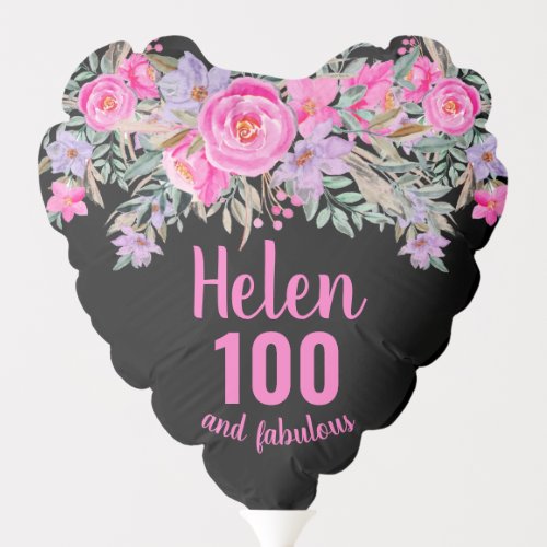 100th birthday black pink floral script name balloon