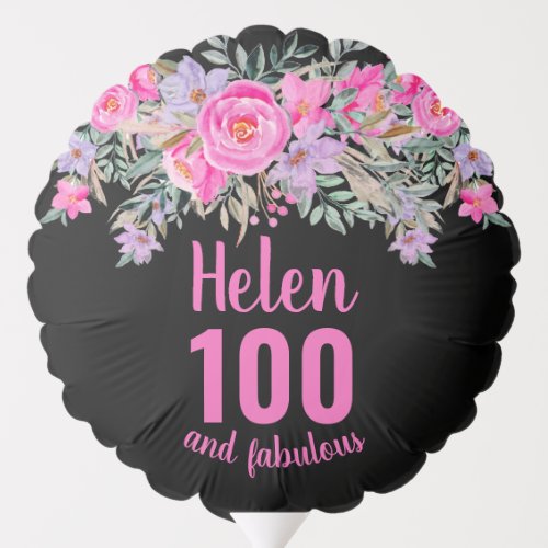 100th birthday black pink floral script name balloon