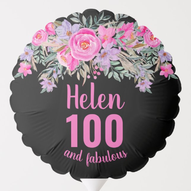 100th birthday black pink floral script name balloon (Back)