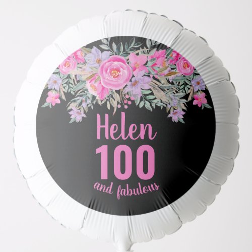 100th birthday black pink floral script name balloon