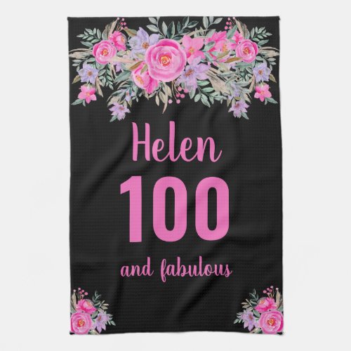 100th birthday black pink floral unique  kitchen towel