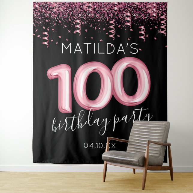 100th Birthday Black Pink Photo Backdrop (In Situ)