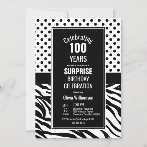 100th Birthday Black Polka Dot Surprise Party Invitation