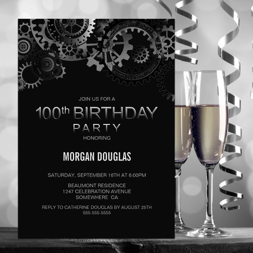 100th Birthday Black Silver Steampunk Watch Gears Invitation