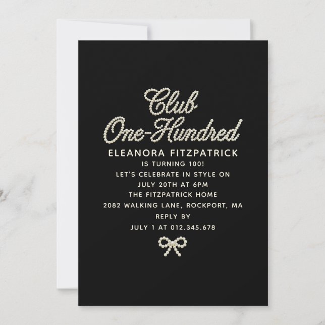 100th Birthday Black White Pearl Script Bow Invitation (Front)