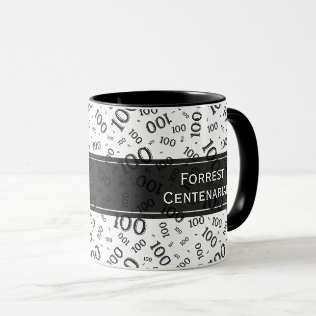 100th Birthday Black/White Random Number Pattern Mug (Front Right)