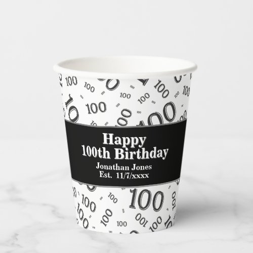 100th Birthday BlackWhite Random Number Pattern Paper Cups