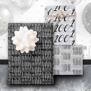 100th Birthday Black White Typography Numbers Wrapping Paper Sheets