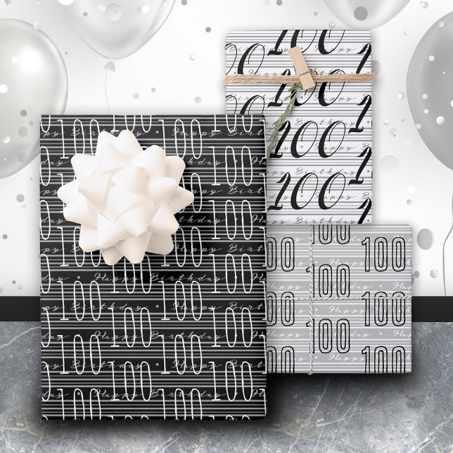 100th Birthday Black White Typography Numbers Wrapping Paper Sheets (Creator Uploaded)