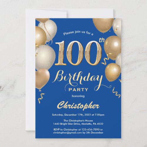 100th Birthday Blue and Gold Balloons Confetti Invitation