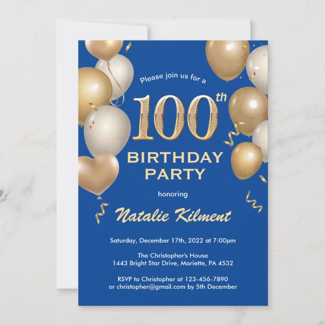 100th Birthday Blue and Gold Glitter Balloons Invitation (Front)
