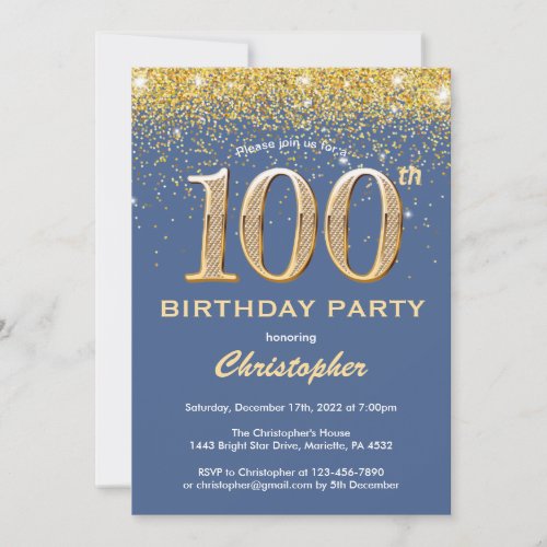 100th Birthday Blue and Gold Glitter Confetti Invitation