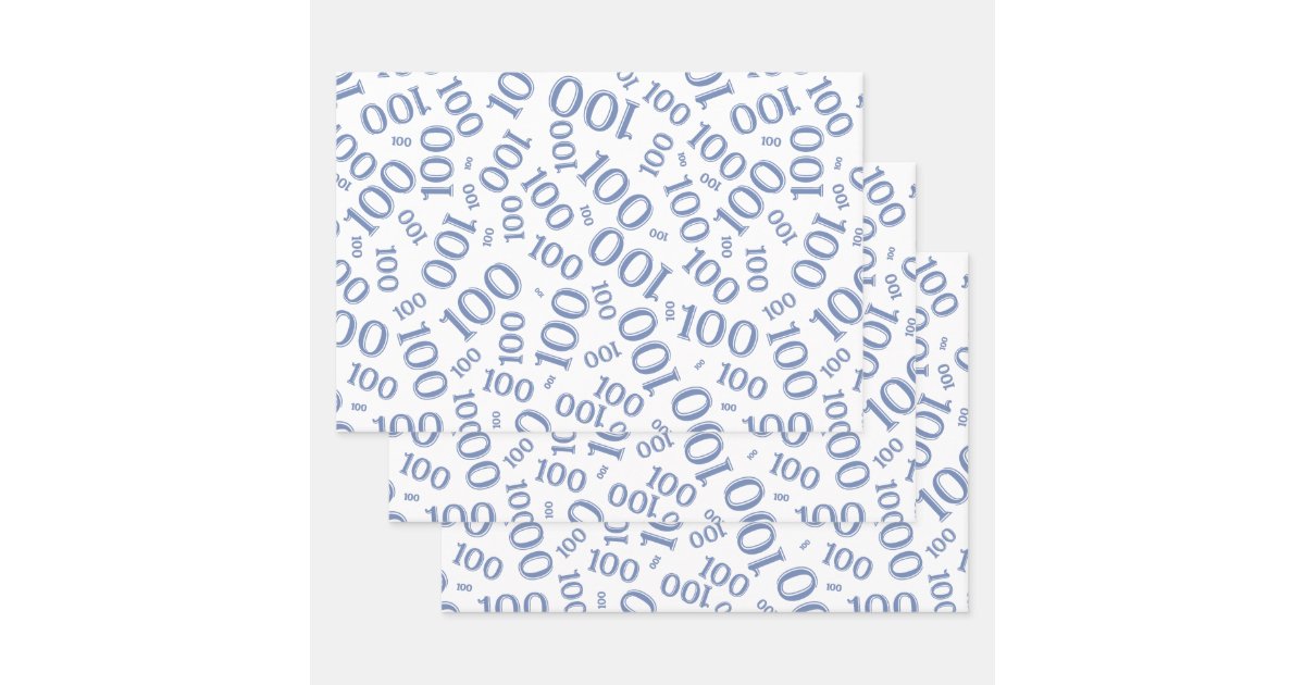 100th Birthday Blue and White Number Pattern 100 Wrapping Paper Sheets