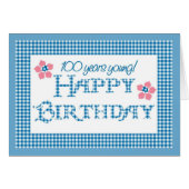 100th Birthday, Blue Check Gingham Pattern (Front Horizontal)