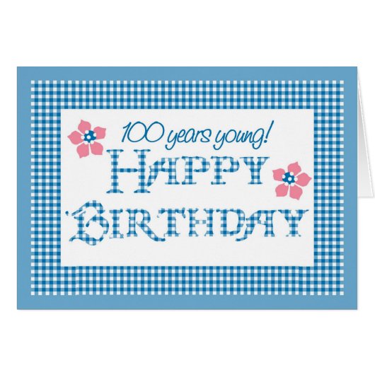 100th Birthday, Blue Check Gingham Pattern Cards (Front Horizontal)