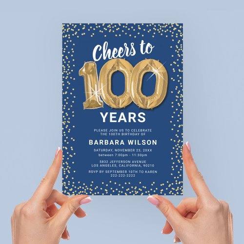 100th Birthday Blue Gold Invitation