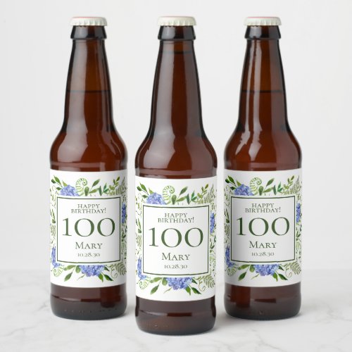 100th Birthday Blue Hydrangeas Beer Bottle Label