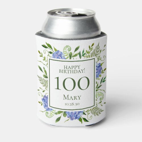 100th Birthday Blue Hydrangeas Can Cooler