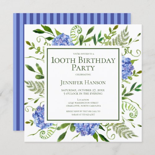 100th Birthday Blue Hydrangeas Floral Watercolor Invitation