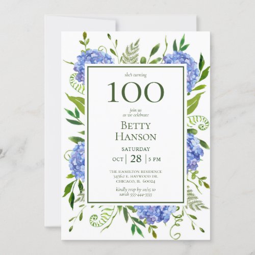 100th Birthday Blue Hydrangeas Invitation