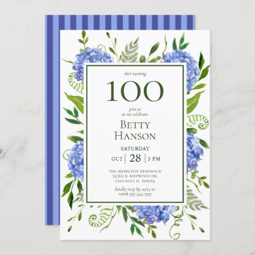 100th Birthday Blue Hydrangeas Invitation