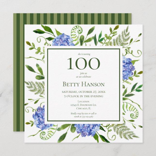 100th Birthday Blue Hydrangeas Invitation (Front/Back)