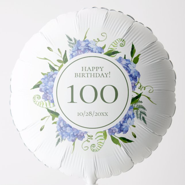 100th Birthday Blue Hydrangeas Large Balloon (Front)