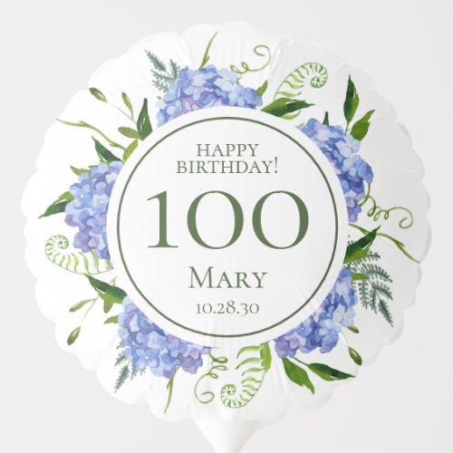 100th Birthday Blue Hydrangeas Medium Balloon