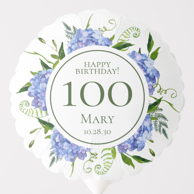 100th Birthday Blue Hydrangeas Medium Balloon (Front)