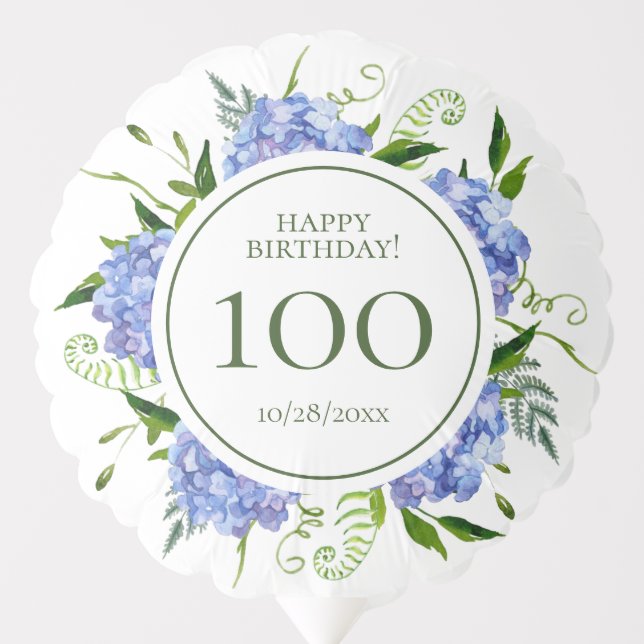 100th Birthday Blue Hydrangeas Medium Balloon (Front)