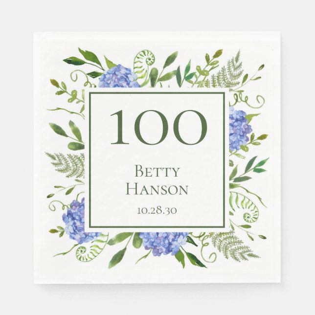 100th Birthday Blue Hydrangeas Napkins (Front)