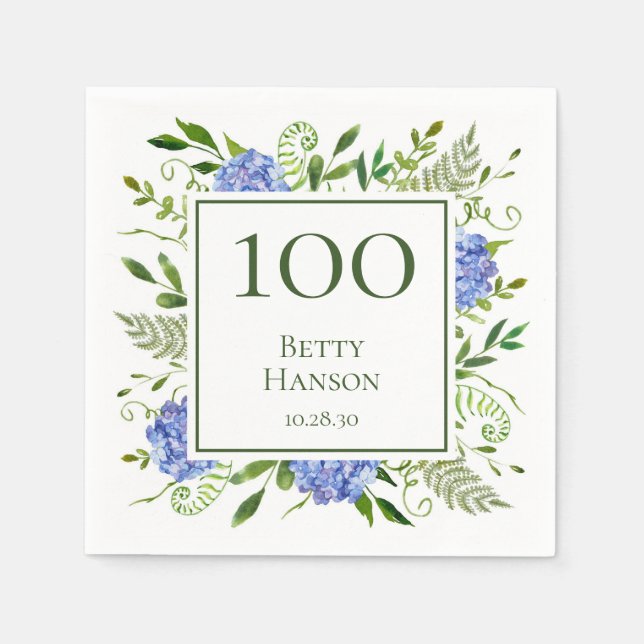 100th Birthday Blue Hydrangeas Napkins (Front)