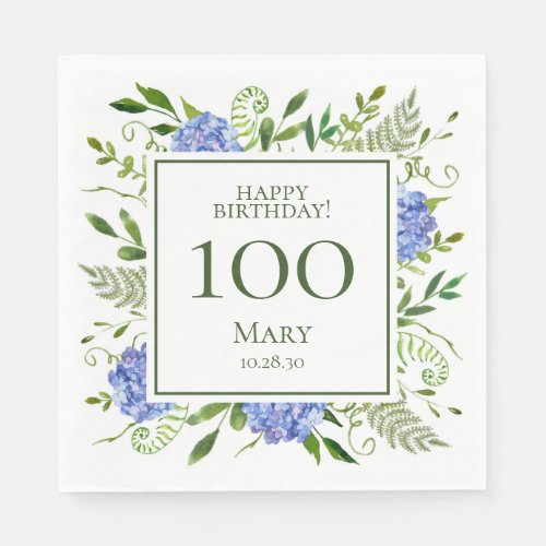 100th Birthday Blue Hydrangeas Napkins