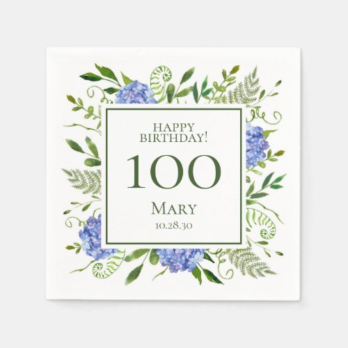 100th Birthday Blue Hydrangeas Napkins