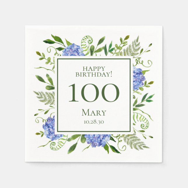 100th Birthday Blue Hydrangeas Napkins (Front)