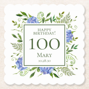 100th Birthday Blue Hydrangeas Paper Coaster