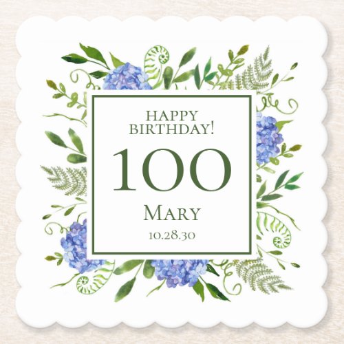 100th Birthday Blue Hydrangeas Paper Coaster