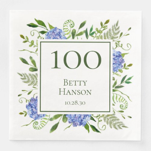 100th Birthday Blue Hydrangeas Paper Dinner Napkins