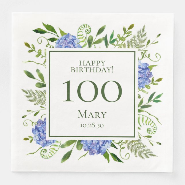 100th Birthday Blue Hydrangeas Paper Dinner Napkins (Front)