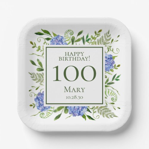 100th Birthday Blue Hydrangeas Paper Plates