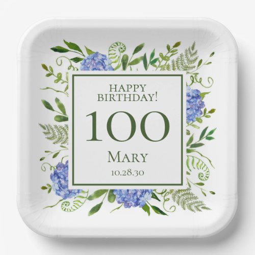 100th Birthday Blue Hydrangeas Paper Plates